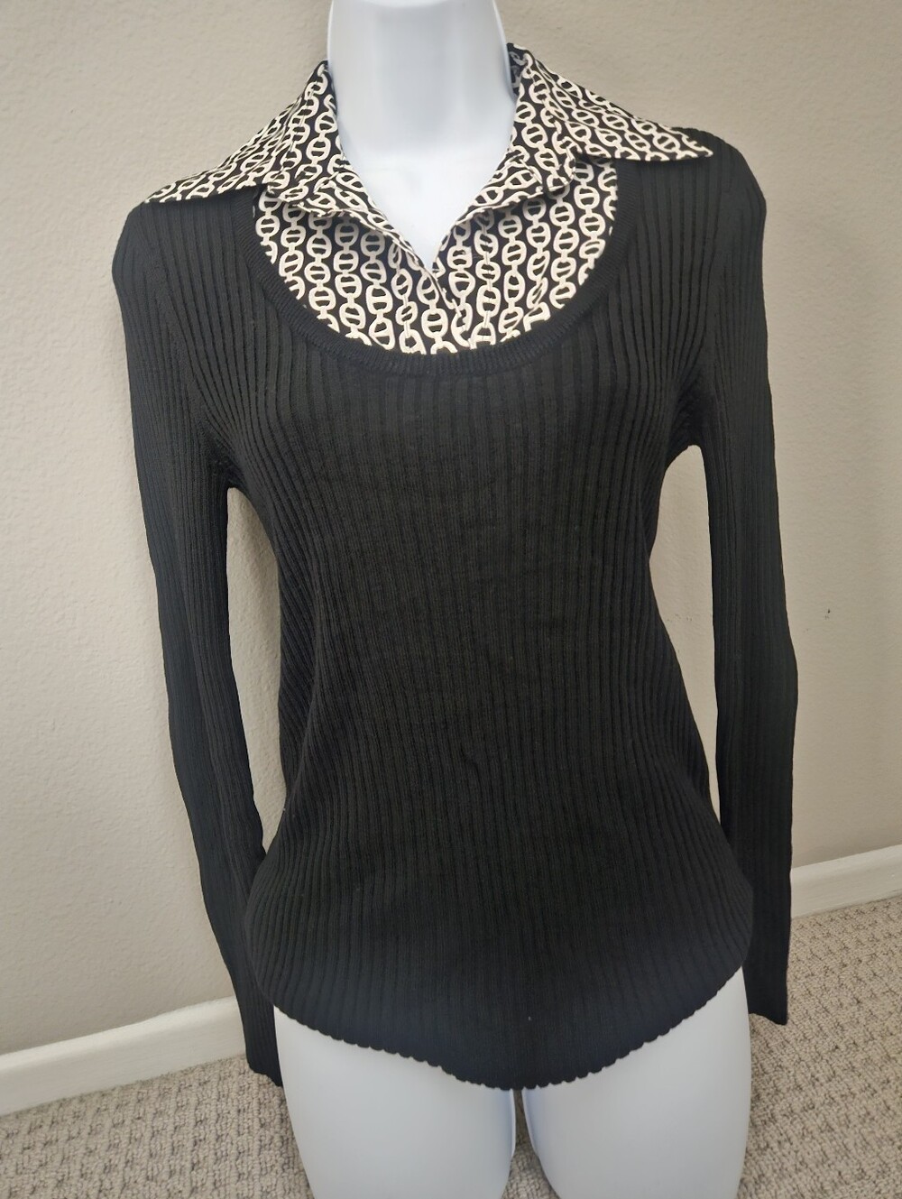 Tory Burch Black Ribbed Sweater Layered Geometric Collar Top M